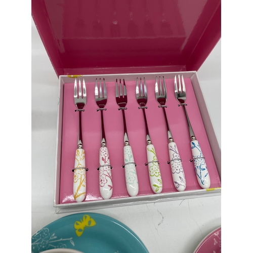 267 - Portmerion Dawn Chorus Cups saucers and teapot and Forks