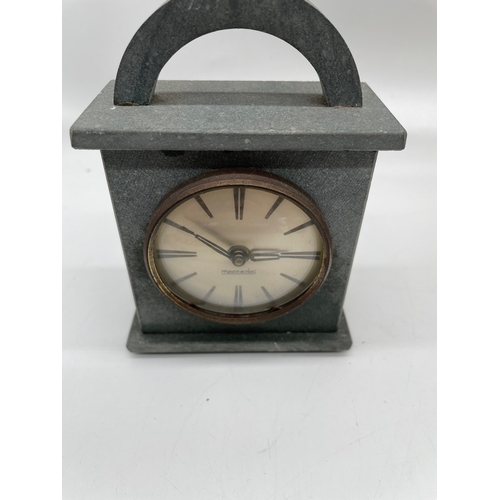 277 - A quantity of miscellaneous collectable items including a vintage Mercedes clock, wooden cigar box, ... 