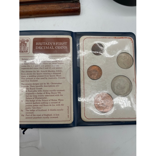 277 - A quantity of miscellaneous collectable items including a vintage Mercedes clock, wooden cigar box, ... 