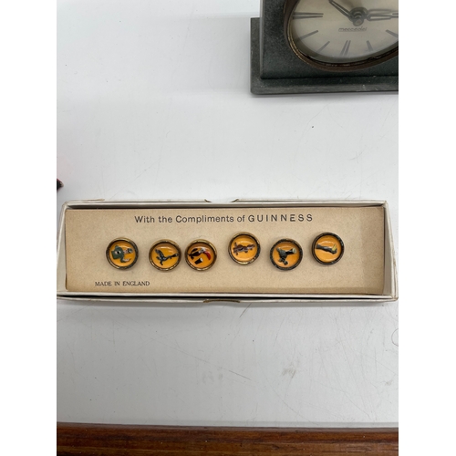 277 - A quantity of miscellaneous collectable items including a vintage Mercedes clock, wooden cigar box, ... 