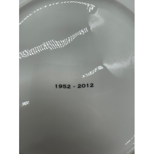 298 - Two commemorative ceramic plates, tray and glass fruit ball