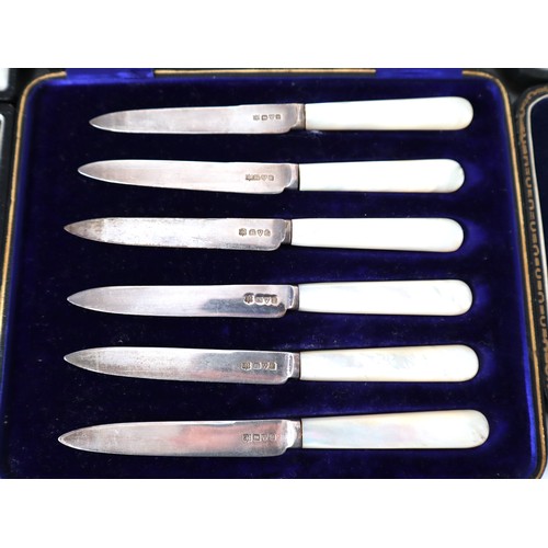 182 - Collection of early 20th century cased Sterling Silver cutlery + white metal filigree coaster