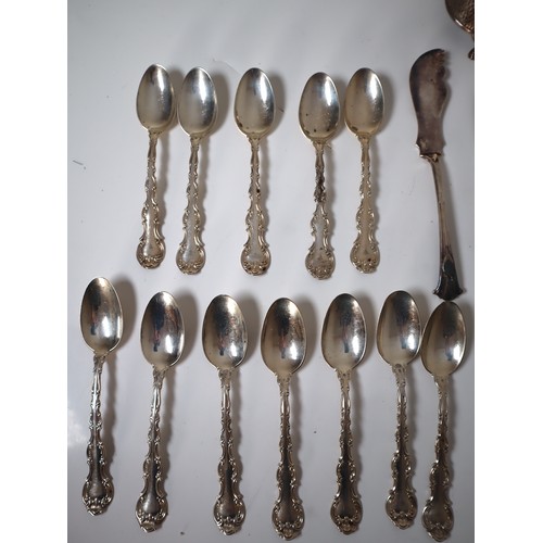 183 - A quantity of mainly Georgian and Victorian Sterling Silver tea spoons and lidded case, Silver sugar... 