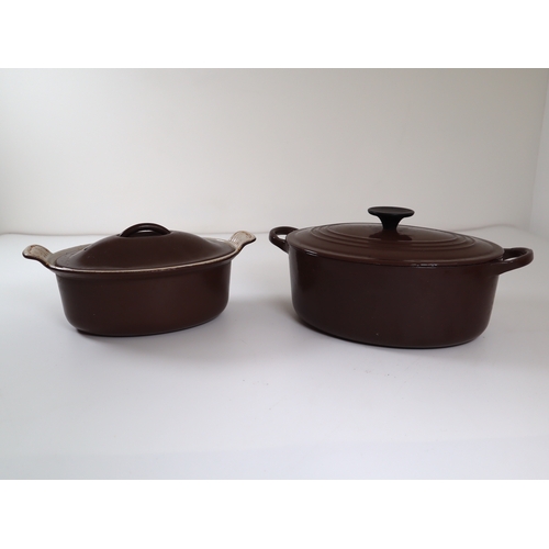 Two vintage brown Le Creuset Oval Cooking Pots