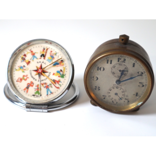 Early 20th Century Brass Zenith Travel clock + Swiss SKAL Congress Zurich 1939 White Enamel and hand painted dial of travel & tourism