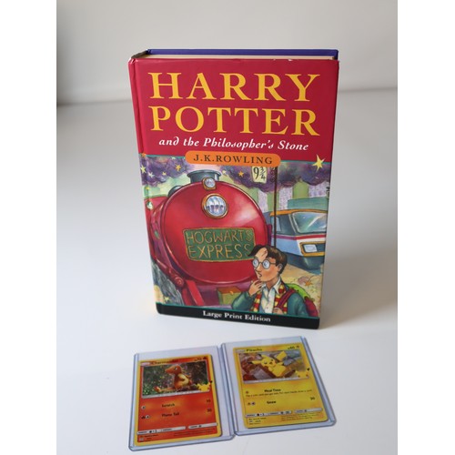 735 - 1st Edition 1st Print Harry Potter and the Philosophers Stone Hardback Large Print + Two Pokemon TCG... 