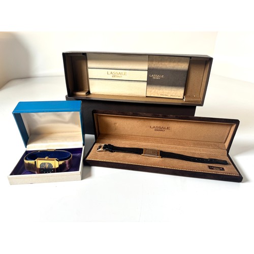 109 - Vintage Lassale Seiko watch gold and silver tone and leather strap in original box with papers - app... 