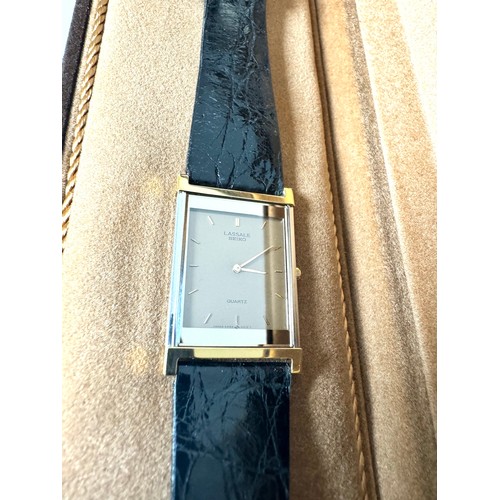 109 - Vintage Lassale Seiko watch gold and silver tone and leather strap in original box with papers - app... 