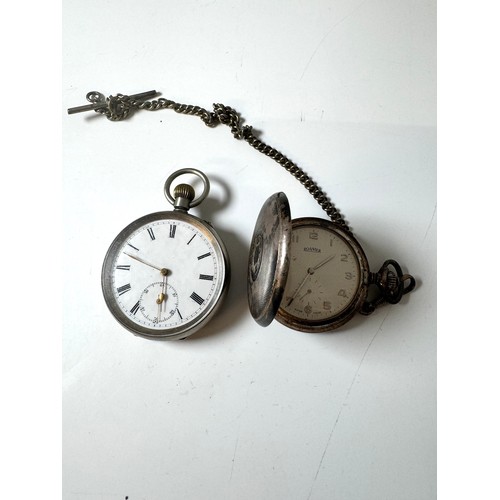 112 - Silver plated and whit enamel pocket watch + Silver Roamer Pocket watch with chain