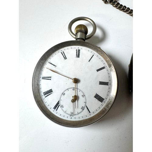 112 - Silver plated and whit enamel pocket watch + Silver Roamer Pocket watch with chain