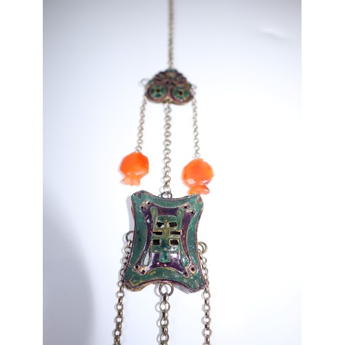 5 - Antique Chinese White Metal Pendant with gilded enamel brooches and carved carnelian stones - 50cm -... 