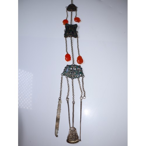 5 - Antique Chinese White Metal Pendant with gilded enamel brooches and carved carnelian stones - 50cm -... 