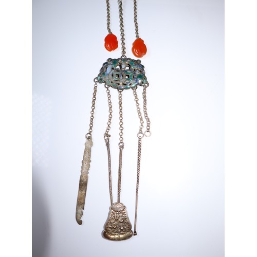 5 - Antique Chinese White Metal Pendant with gilded enamel brooches and carved carnelian stones - 50cm -... 