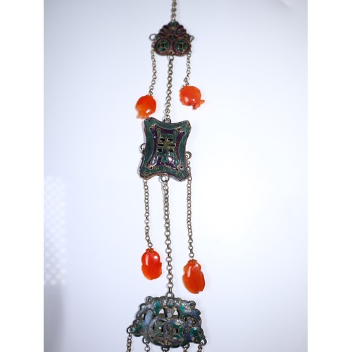 5 - Antique Chinese White Metal Pendant with gilded enamel brooches and carved carnelian stones - 50cm -... 