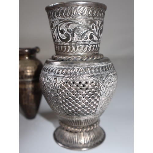 8 - Antique Silver Tibetan Vase with engraved foliage and pierced workings , Greek 830 stamped silver fo... 