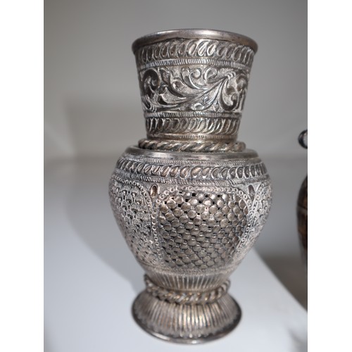 8 - Antique Silver Tibetan Vase with engraved foliage and pierced workings , Greek 830 stamped silver fo... 