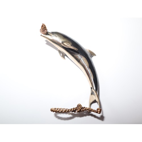 9 - Saturno Solid Silver Dolphin with gilded fish and rope base ornament  - 7cm - 40g