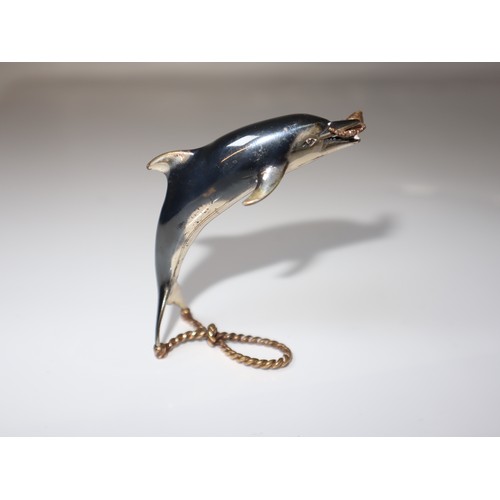 9 - Saturno Solid Silver Dolphin with gilded fish and rope base ornament  - 7cm - 40g