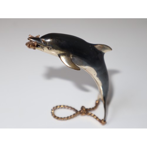 9 - Saturno Solid Silver Dolphin with gilded fish and rope base ornament  - 7cm - 40g