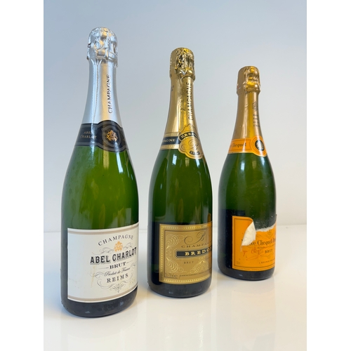 163 - Three bottles of Champagne Abel Charlot Brut, Bredon Brut, Veuve Clicquot Ponsardin