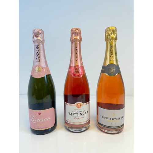 164 - Three bottles of Rose Champagne Lanson Rose, Tattinger Prestige Rose, Louis Boyier & Co