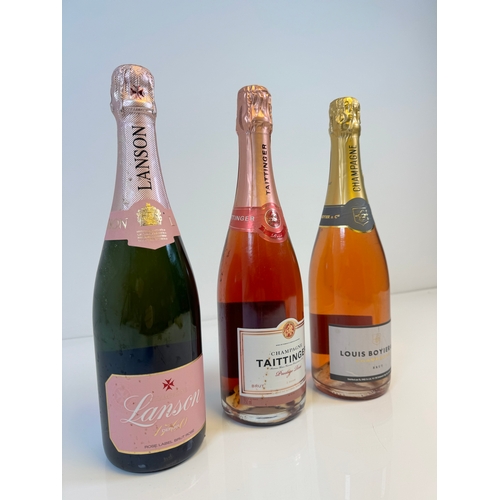 164 - Three bottles of Rose Champagne Lanson Rose, Tattinger Prestige Rose, Louis Boyier & Co