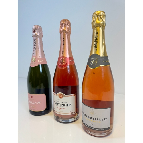 164 - Three bottles of Rose Champagne Lanson Rose, Tattinger Prestige Rose, Louis Boyier & Co