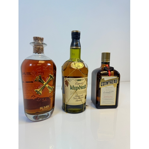 167 - Three bottles - Bumbu Rum, Klipdrift Premium Brandy + Cointreau