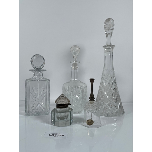 326 - Crystal glass decanters a bell and ink well