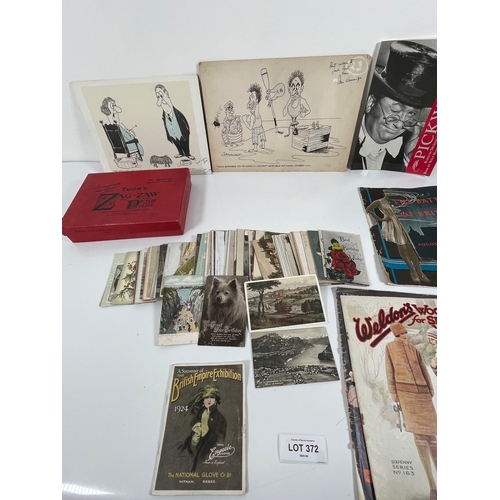 372 - A quantity of Ephemera including Postcards and two signed Cartoons.