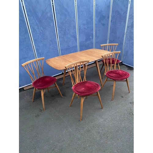 532 - Mid Century Ercol drop leaf plank table and four Ercol Candlestick chairs.