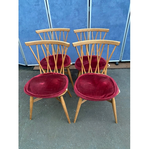 532 - Mid Century Ercol drop leaf plank table and four Ercol Candlestick chairs.