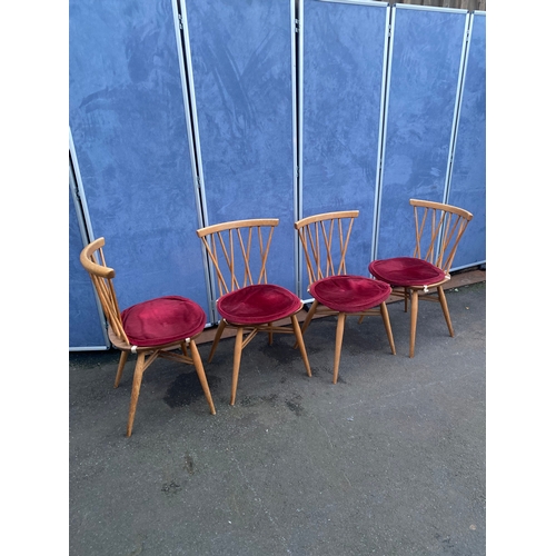 532 - Mid Century Ercol drop leaf plank table and four Ercol Candlestick chairs.