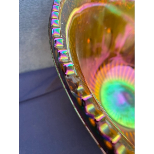 409 - Interesting colourful glass punch bowl and 10 cups with plastic ladle.