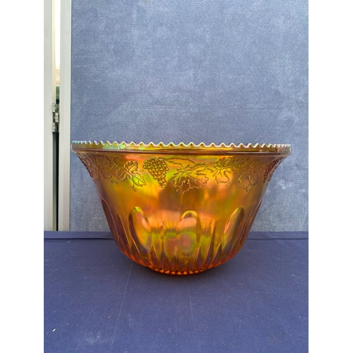 409 - Interesting colourful glass punch bowl and 10 cups with plastic ladle.