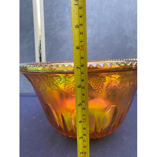 409 - Interesting colourful glass punch bowl and 10 cups with plastic ladle.