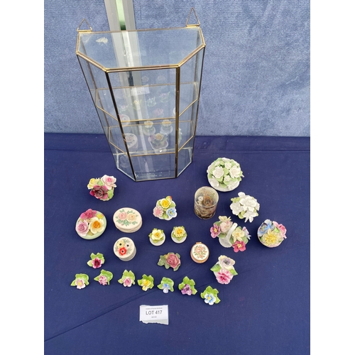 417 - A collection of Miniature Floral trinkets with small glass display case.