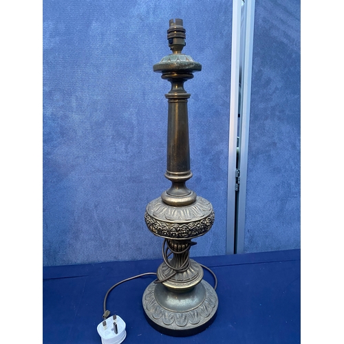 421 - A pair of wooden and one decorative table lamps