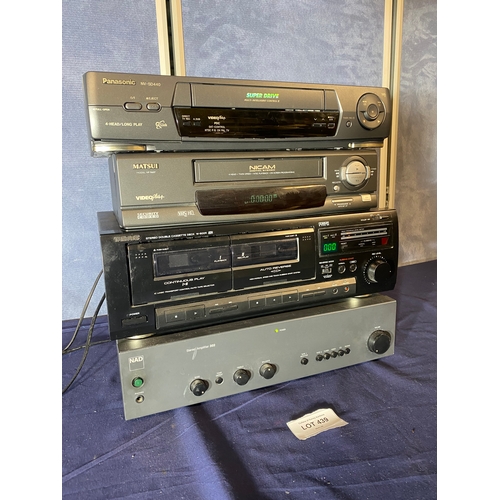 439 - Nad 302 Stereo integrated amplifier, Teac Stereo double cassette deck and two video players.