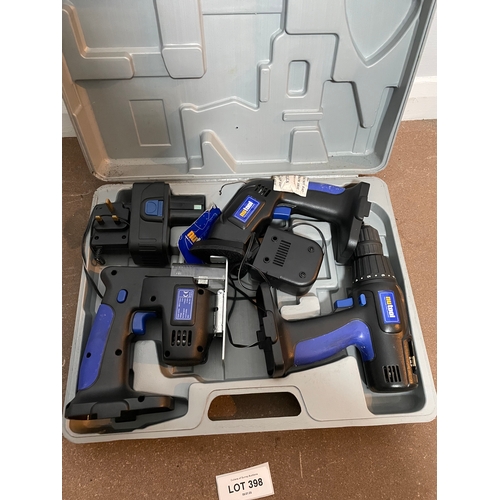 398 - A collection of boxed tools including black and decker drills Halfords jump leads and a nail gun