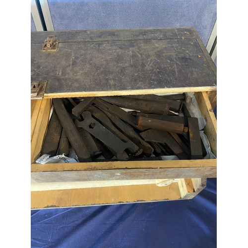 466 - Large wooden tool box and miscellaneous tool contents