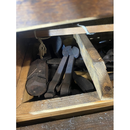 466 - Large wooden tool box and miscellaneous tool contents