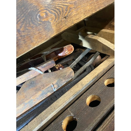 466 - Large wooden tool box and miscellaneous tool contents