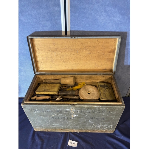 477 - Wooden Military storage/tool box and contents