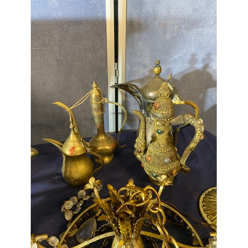 481 - Large collection of Brass/copper oddities including coal scuttle, plates and jugs.