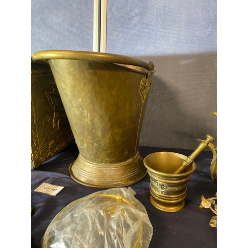 481 - Large collection of Brass/copper oddities including coal scuttle, plates and jugs.