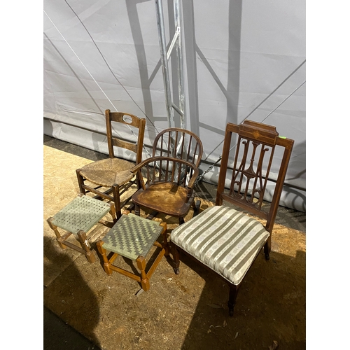 610 - A collection of small Antique chairs and stools including rocking chairs.