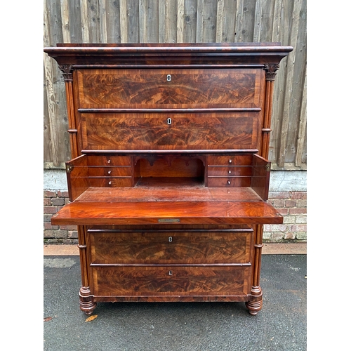 630 - Beautiful Antique Large Flame mahogany Secretaire with oak lined drawers