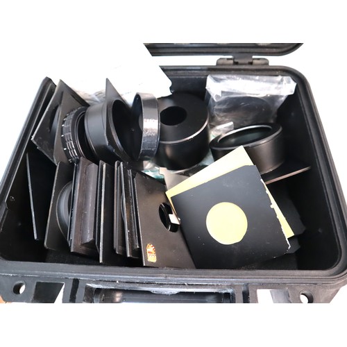 74 - Quantity of Large Format Camera parts including focusing hood ground glass, hard case of lens boards