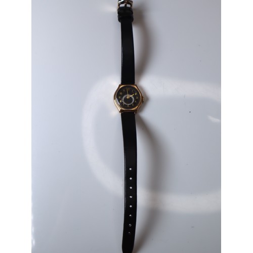 124 - Vintage 9ct Yellow gold Dennison Ladies Cocktail Watch with Black leather strap